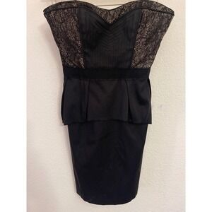 BCBGMAXAZRIA Moselle Black Strapless‎ Lace Peplum Dress Size 0 Side Boning Mini